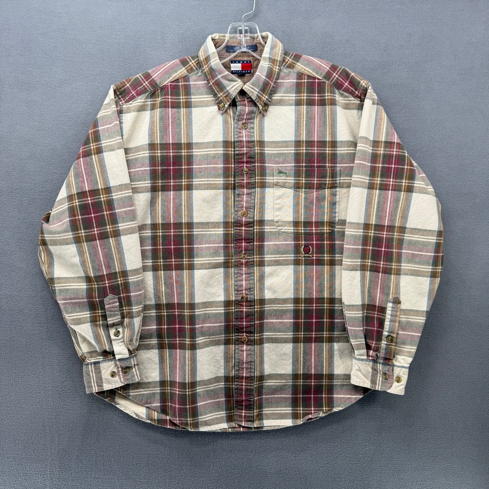 Tommy Hilfiger Mens Large Plaid Button Down Shirt Long Sleeve Cotton Multi Color